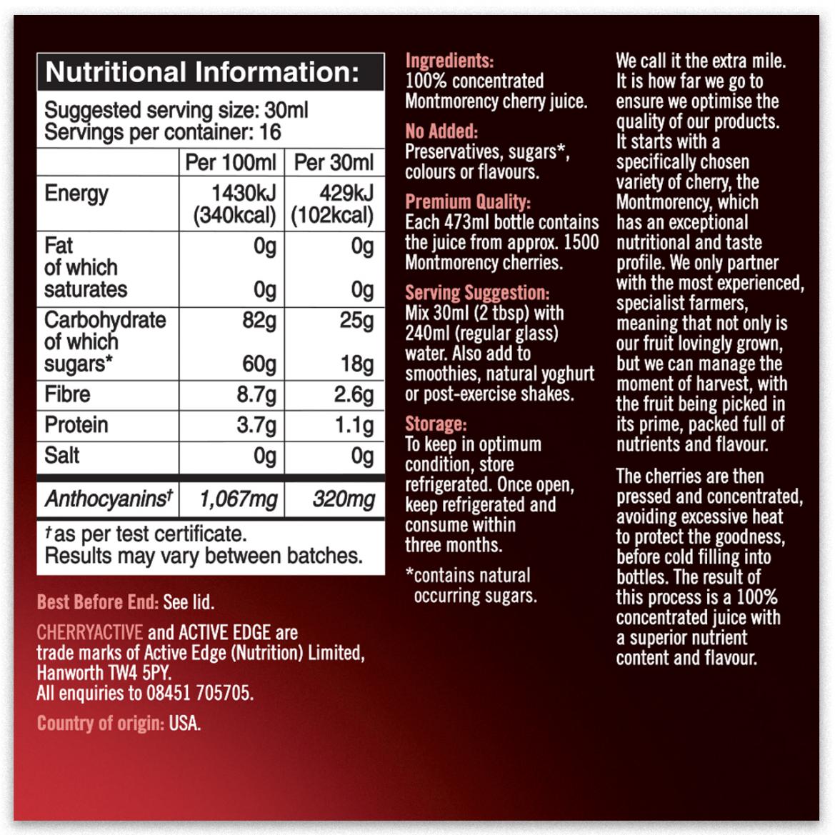 CherryActive 100% Concentrated Montmorency Cherry Juice 473ml